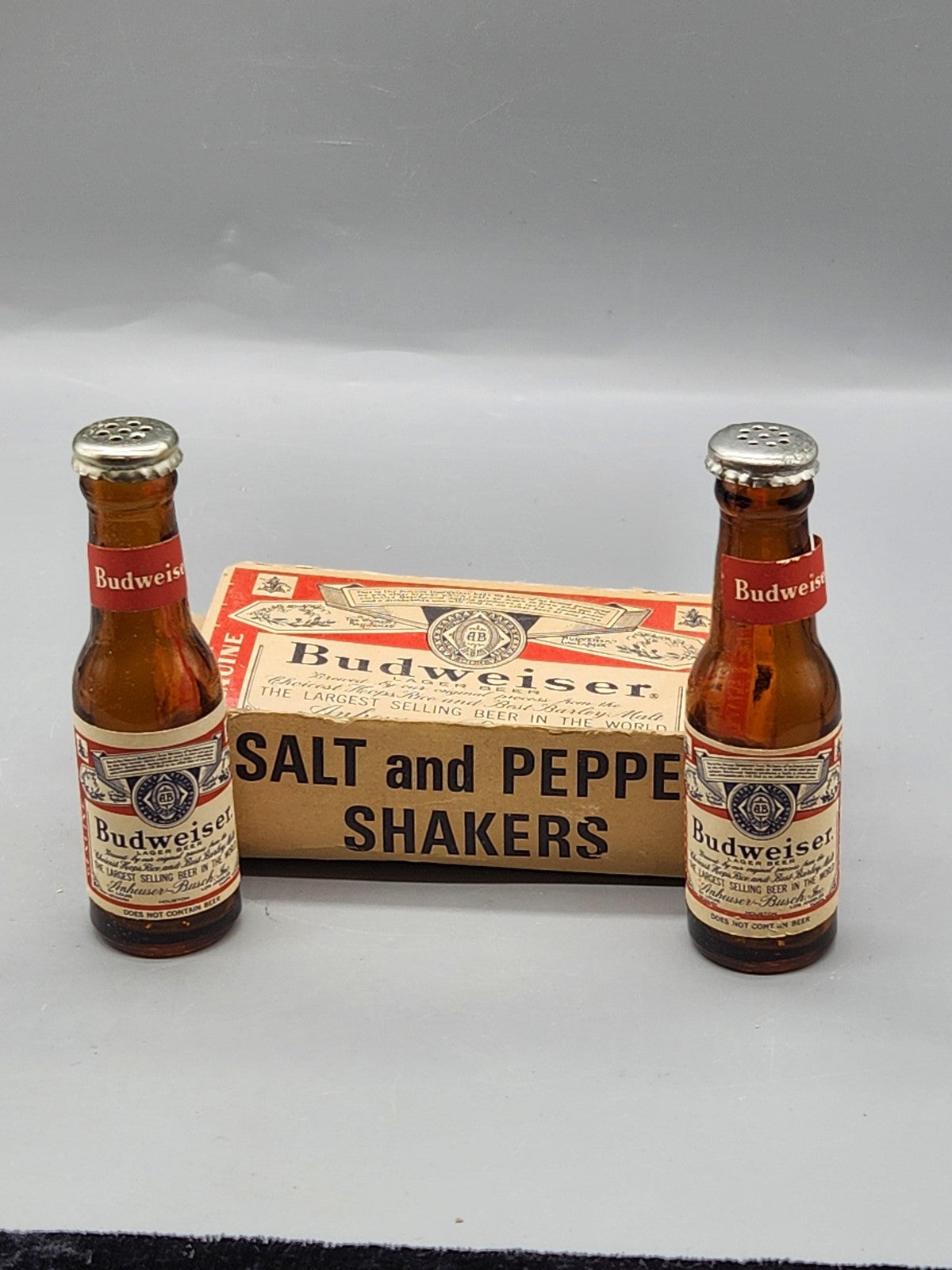 Vintage Budweiser Salt Pepper Shakers Lot 2 Brown Glass Bottle Decor Breweriana