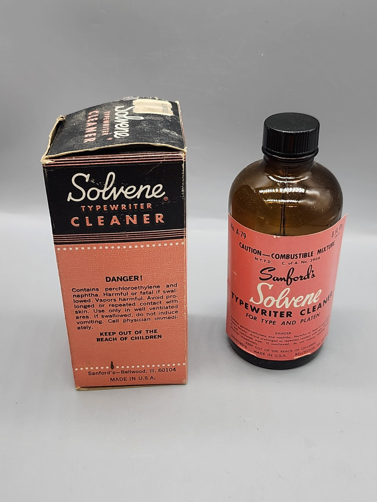 Vintage Sanford Solvene Typewriter Cleaner 8 Oz Bottle Box No A-79
