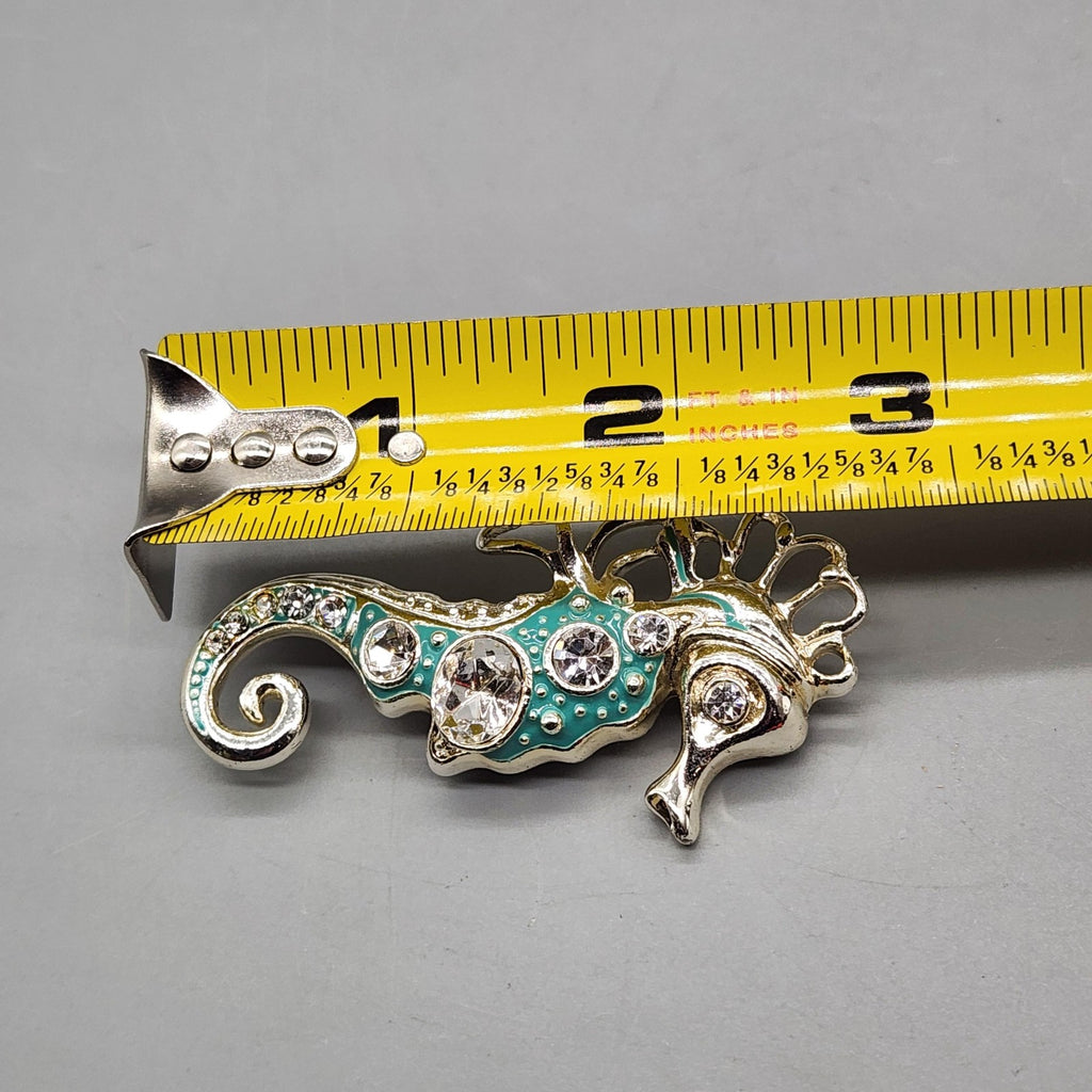 Seahorse Brooch Silver Tone Aqua Enamel Rhinestone Sea Life Pin Jewelry Gift