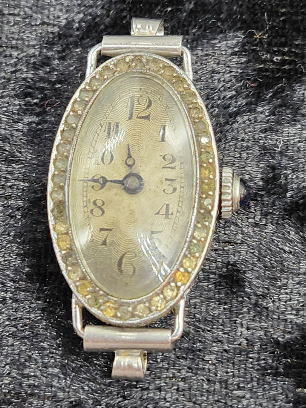 Vintage Womens Manual Wind Watch Oval Silver Tone Yellow Rhinestones For Parts