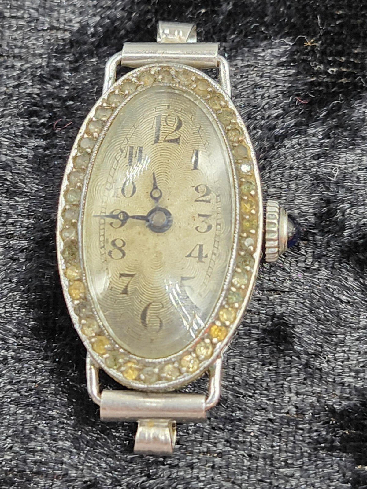 Vintage Womens Manual Wind Watch Oval Silver Tone Yellow Rhinestones For Parts