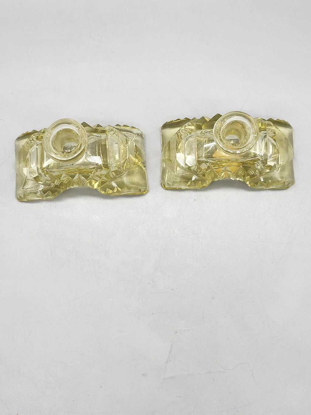 Morlee Crystal Candle Holder Pair Small Yellow Half Moon Art Deco Decor