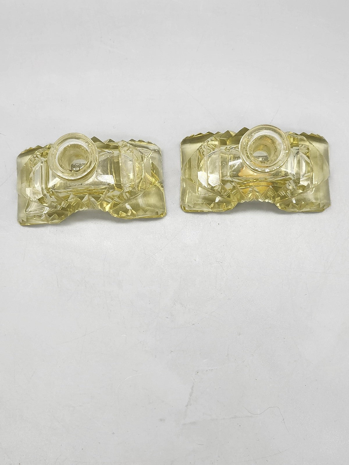 Morlee Crystal Candle Holder Pair Small Yellow Half Moon Art Deco Decor