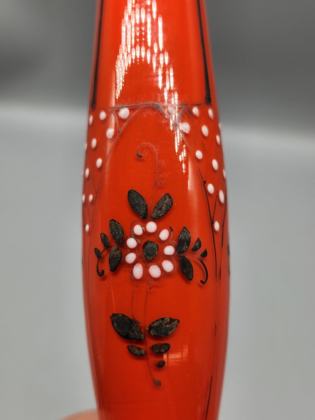 Vintage Czech Red Art Glass Bud Vase Hand Painted Floral 8” Bohemian Vase