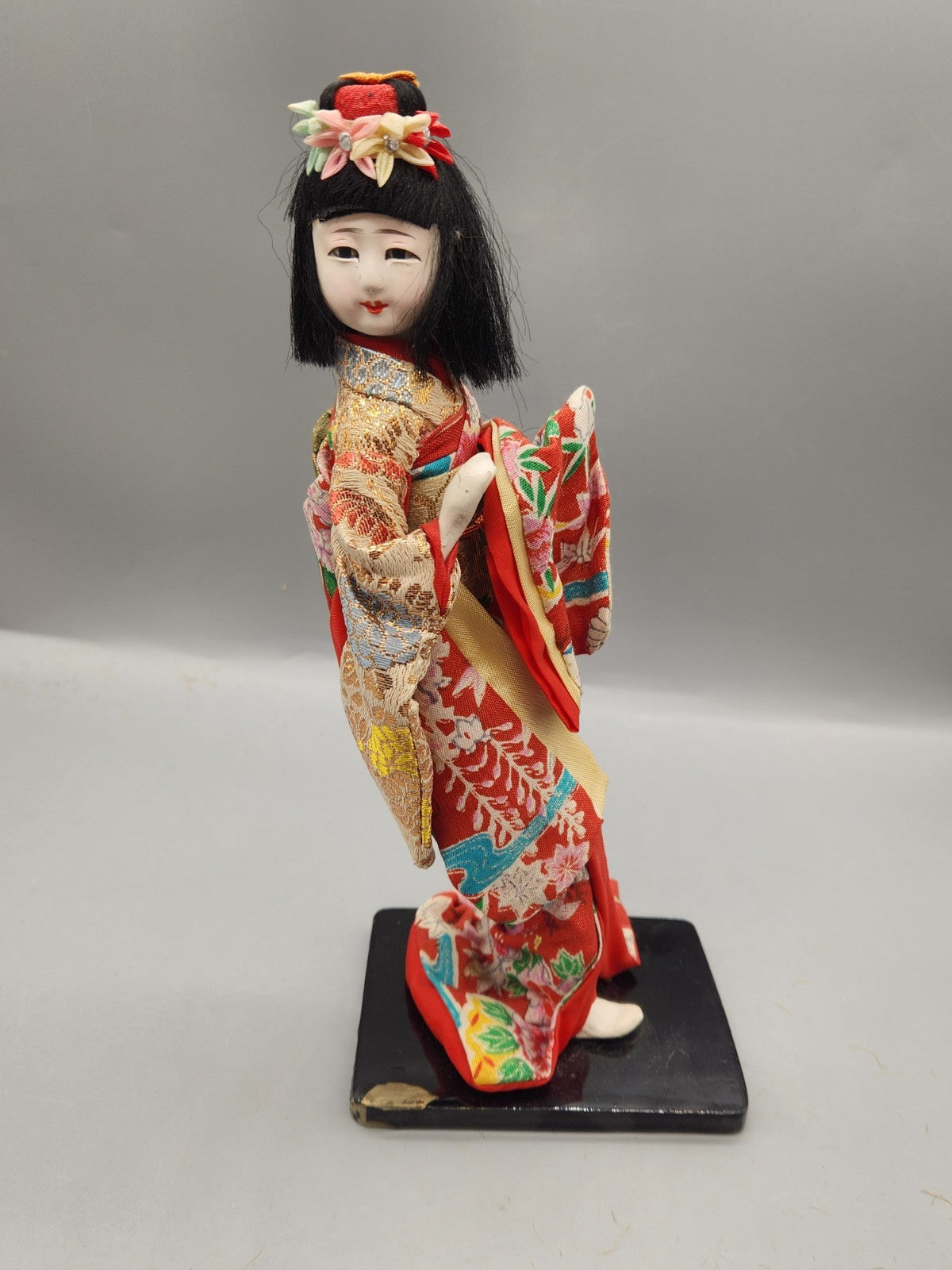 Vintage Japanese Kimono Doll Hand Painted Face Silk Brocade Display Figure 9"