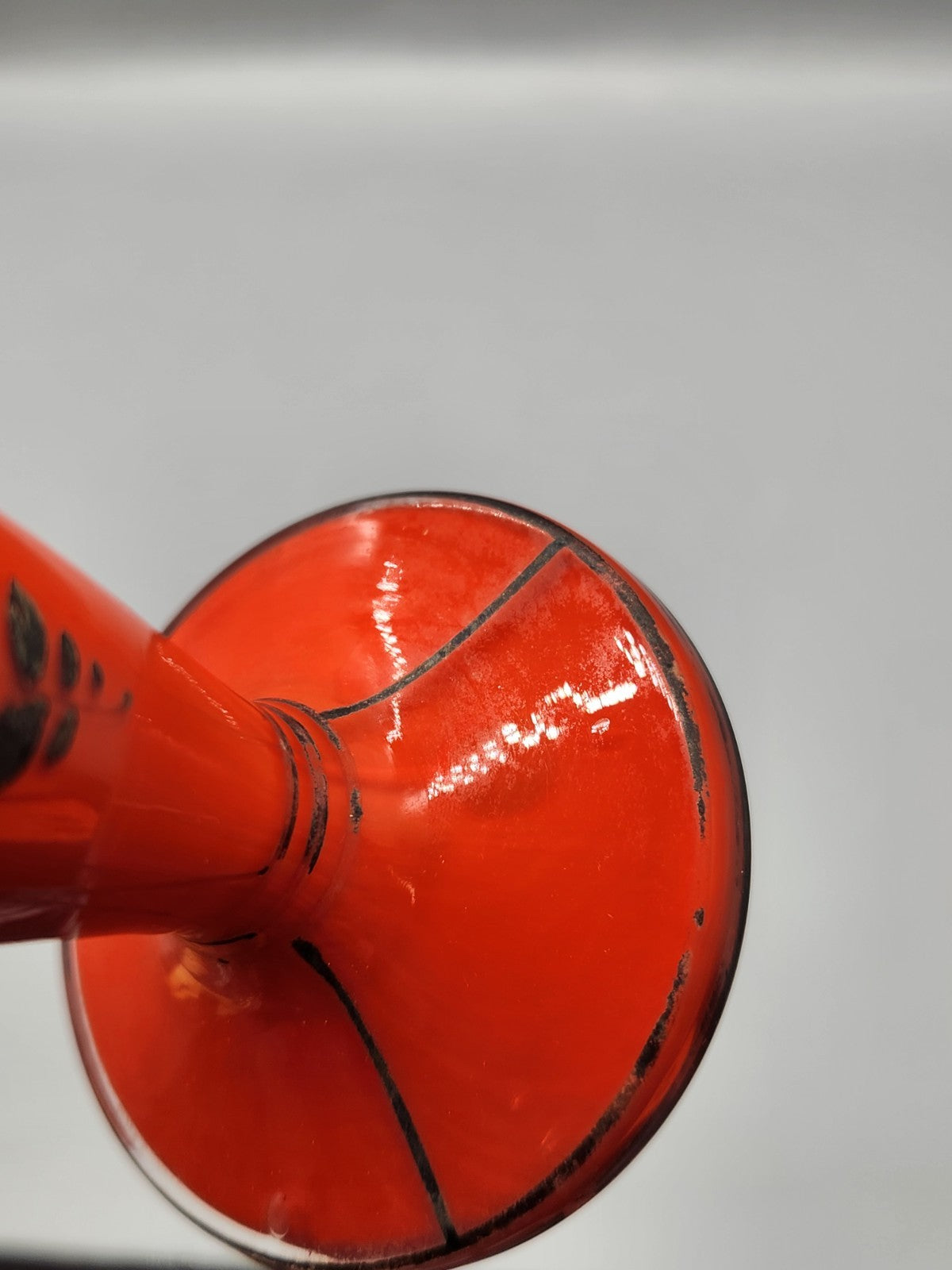 Vintage Czech Red Art Glass Bud Vase Hand Painted Floral 8” Bohemian Vase