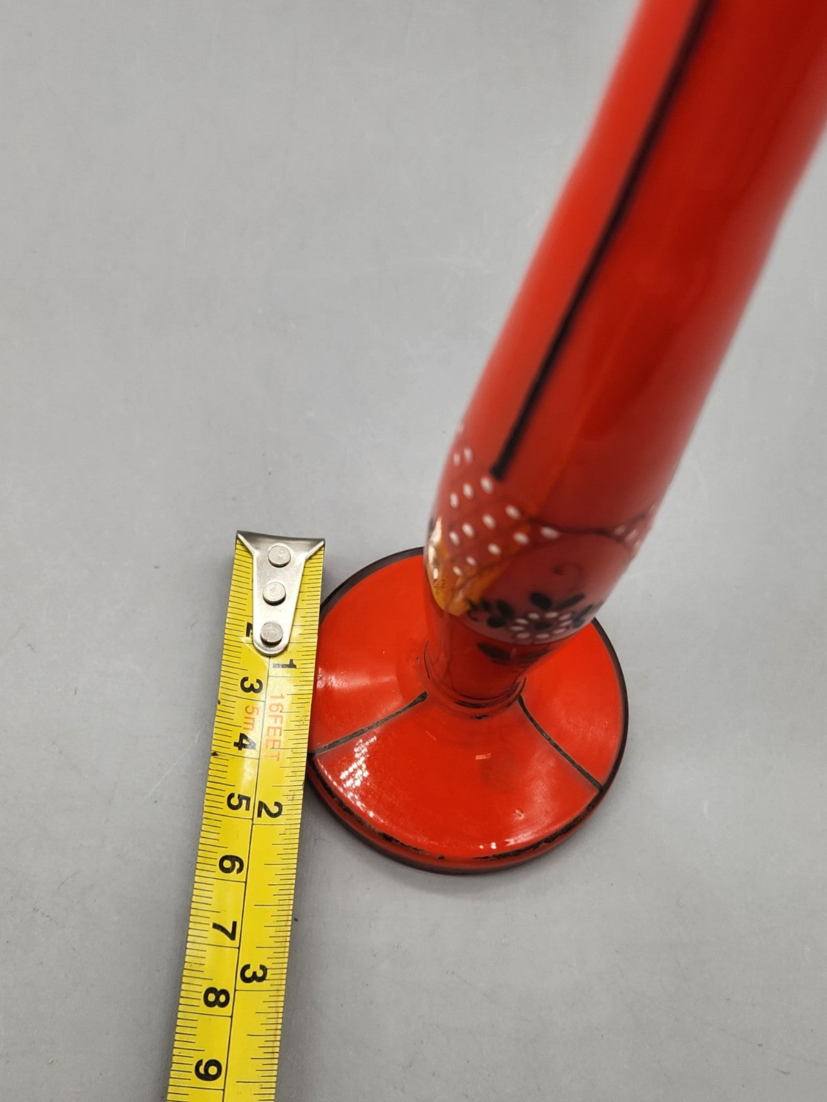 Vintage Czech Red Art Glass Bud Vase Hand Painted Floral 8” Bohemian Vase