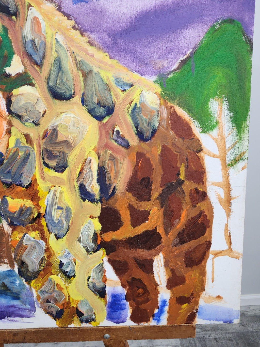 Vintage Unfinished Original Giraffe Acrylic Painting on Canvas 44x38 Abstract...