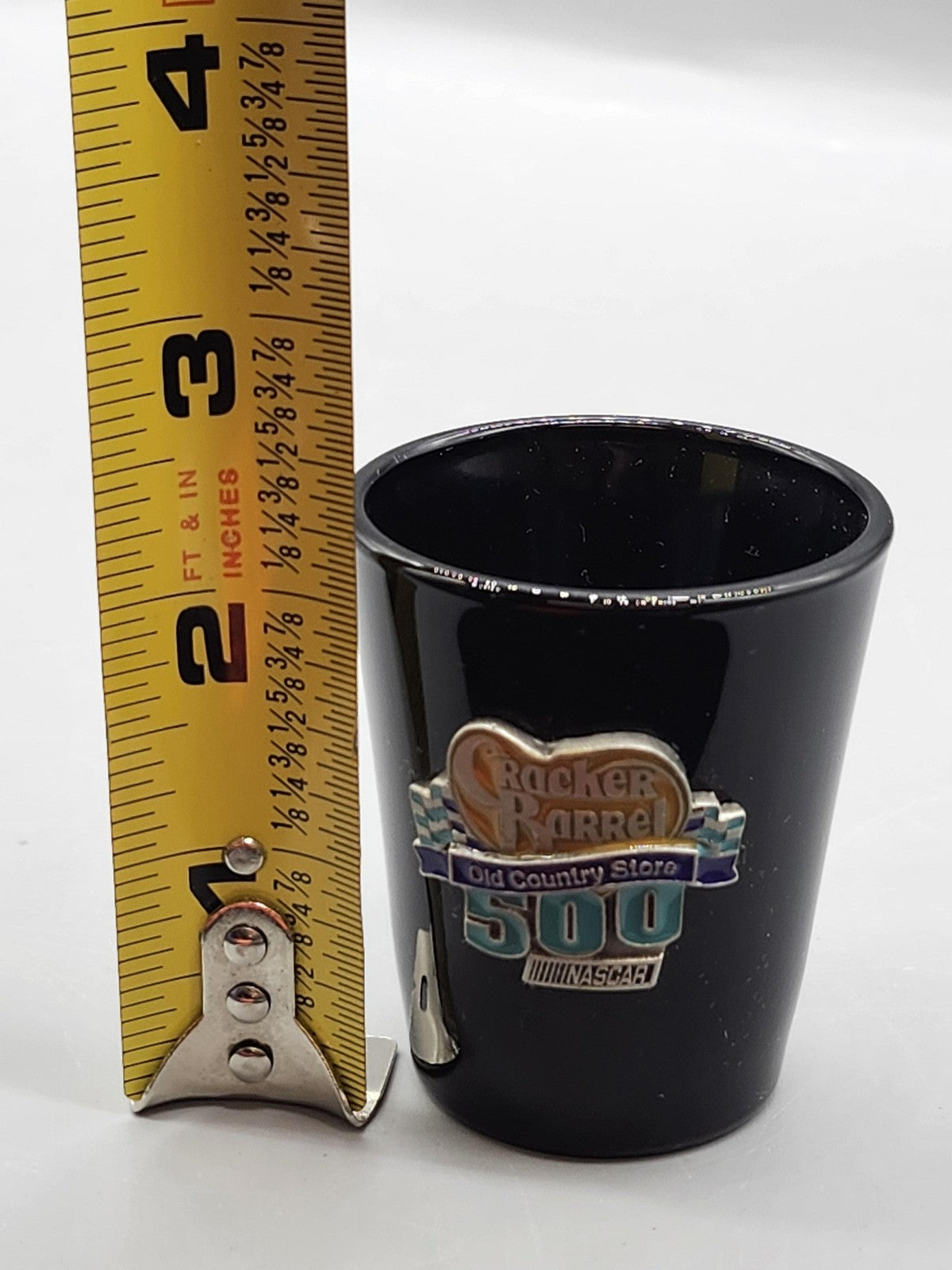 Vintage Cracker Barrel Black Glass Shot Glass 500 NASCAR Logo Souvenir Decor