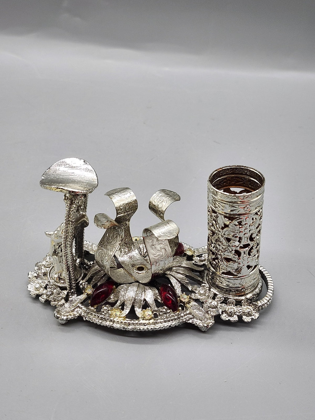 Vintage SF Lady Lipstick Holder Ring Stand Silver Tone Red Rhinestone Vanity USA
