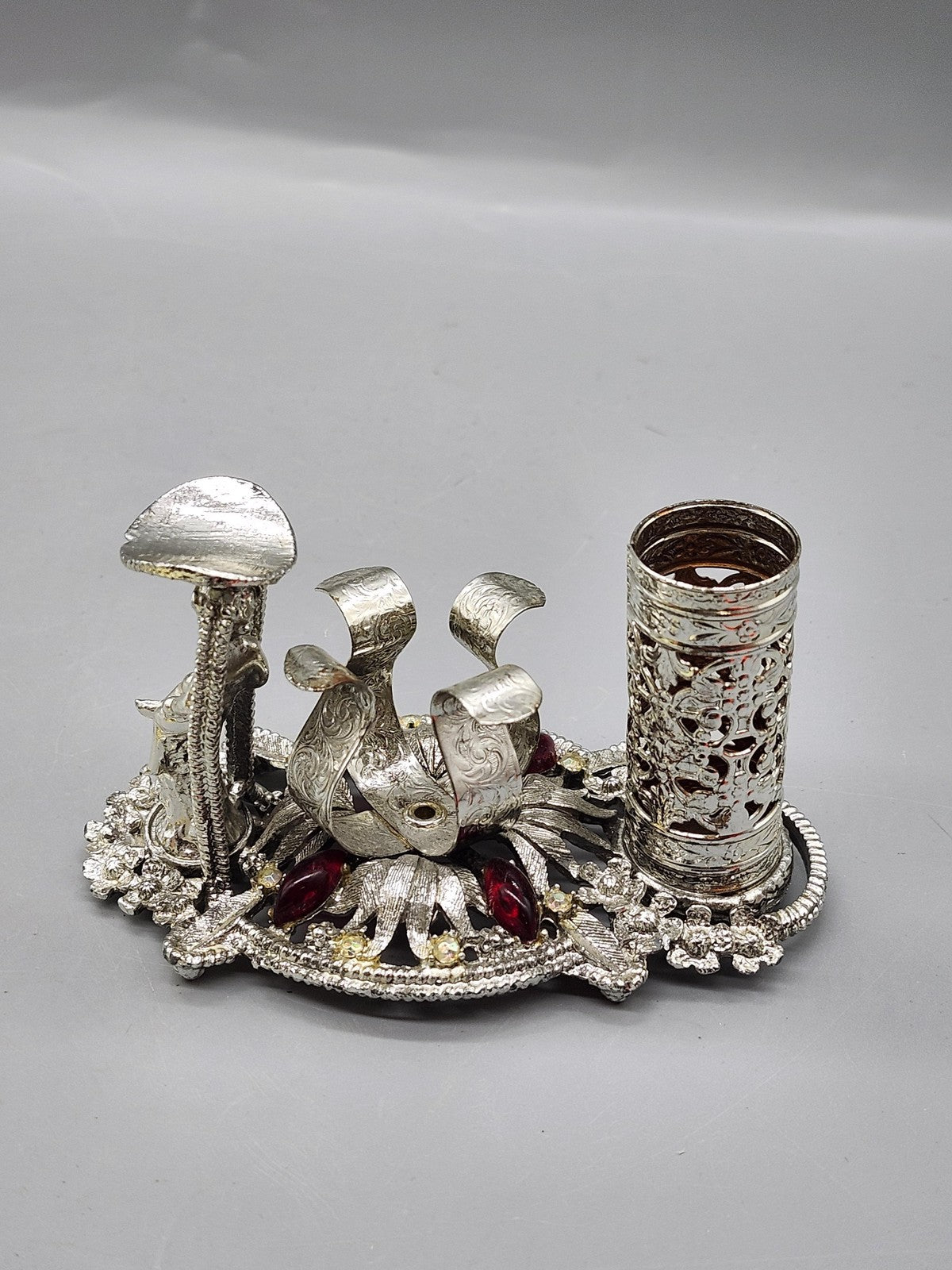 Vintage SF Lady Lipstick Holder Ring Stand Silver Tone Red Rhinestone Vanity USA