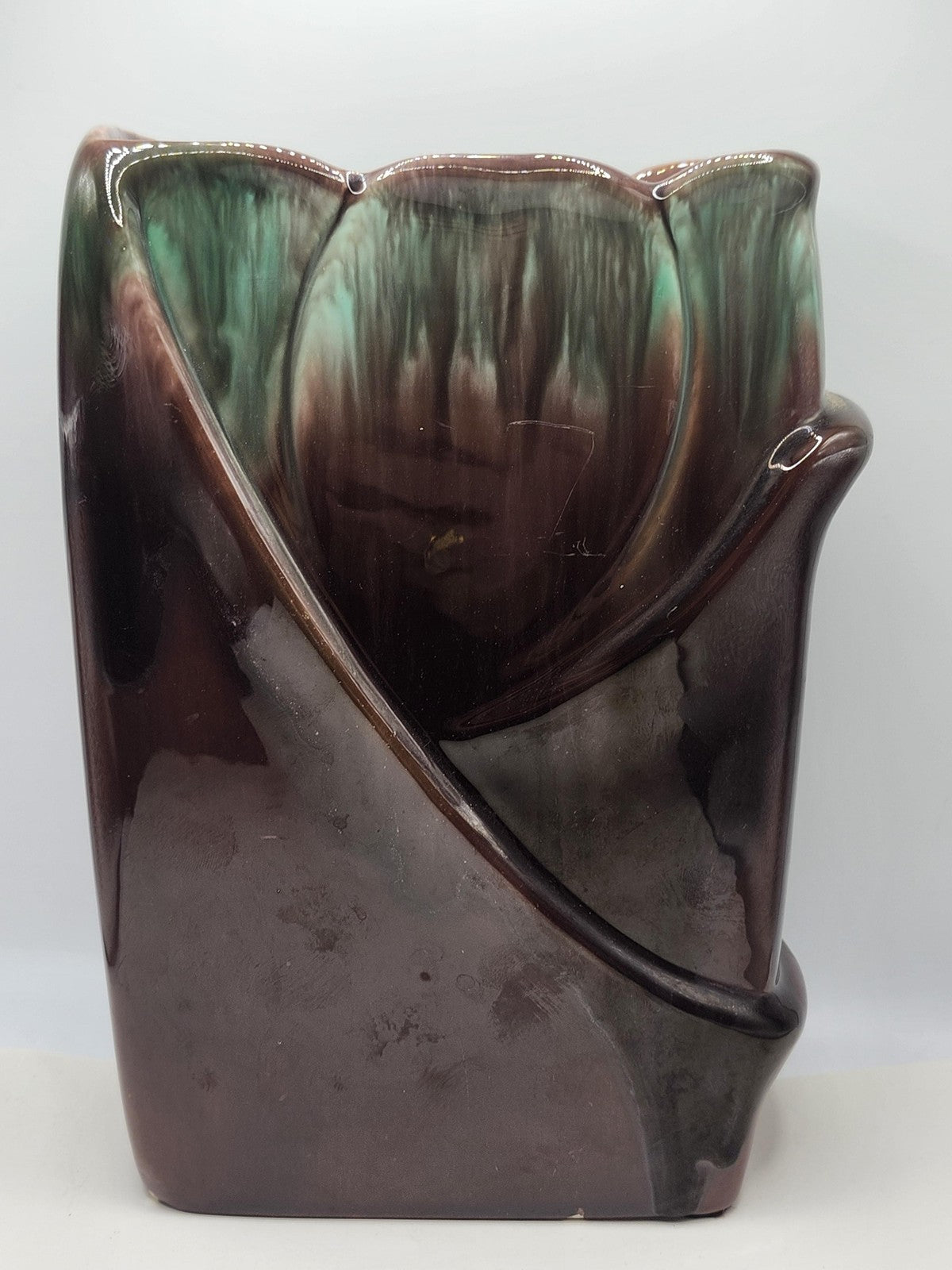 Vintage Brown Green Drip Glaze Ceramic Tulip Flower Relief Art Vase Decor
