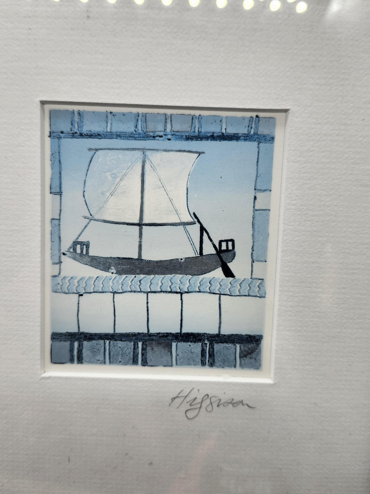 Higson Ibis And Boat Naive Etching Diptych Medium Framed Blue Print Nautical Art