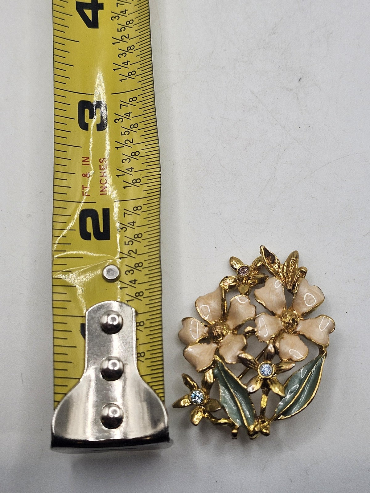 Gold Tone Flower Brooch Pin Cream Enamel Green Leaves Blue Rhinestone Jewelry