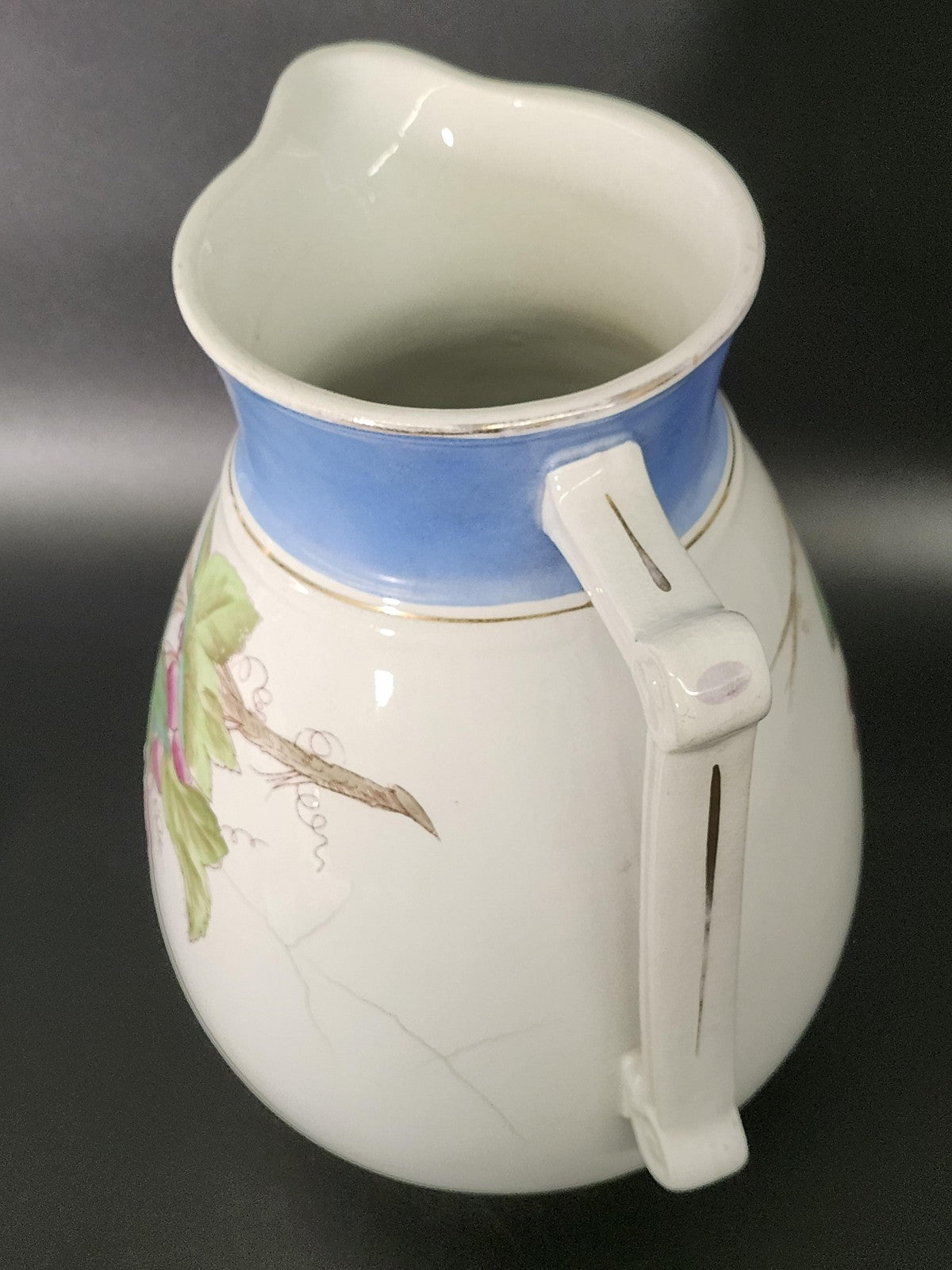 Vintage Wallace & Chetwynd White Ceramic Grape Pitcher Blue Band Pottery Decor