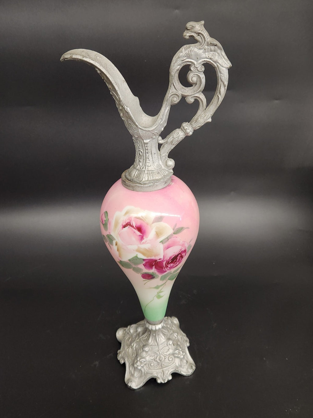Vintage Hand Painted Floral Ewer Pitcher – Ornate Metal Gargoyle Handle Pink...