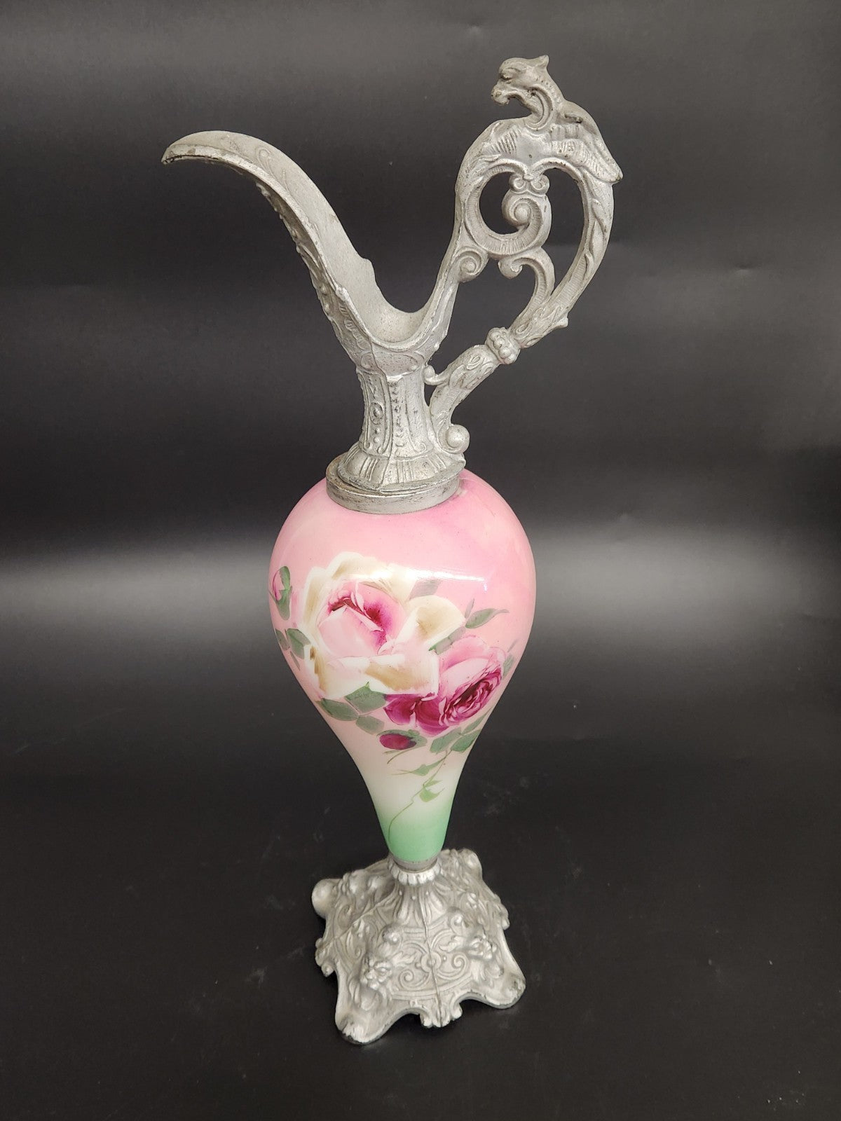 Vintage Hand Painted Floral Ewer Pitcher – Ornate Metal Gargoyle Handle Pink...