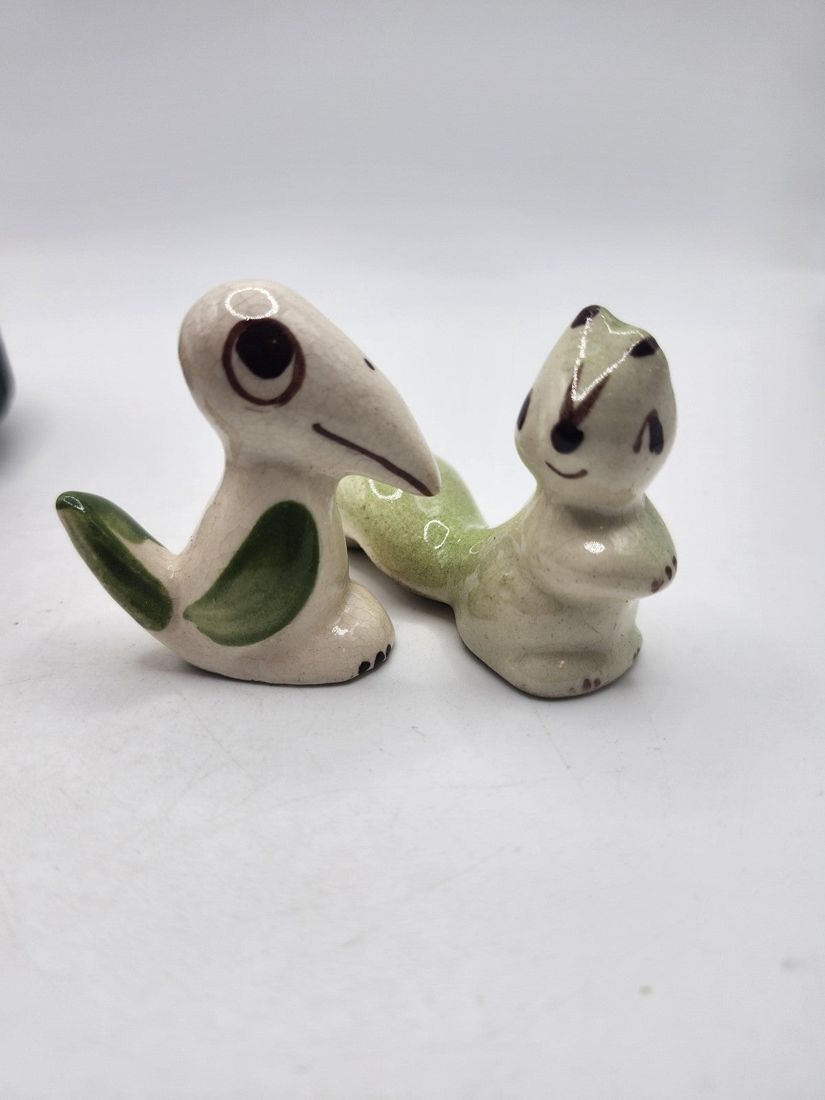 Vintage Clay Dinosaur Salt Pepper Shakers Small Green White Figurines Decor