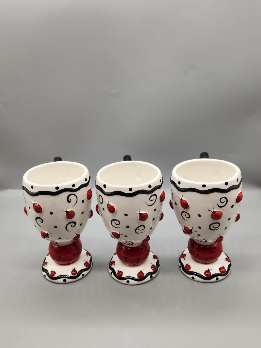 Burton & Burton Ladybug Pedestal Ceramic Coffee Tea Mugs Set of 3 3D Raised...