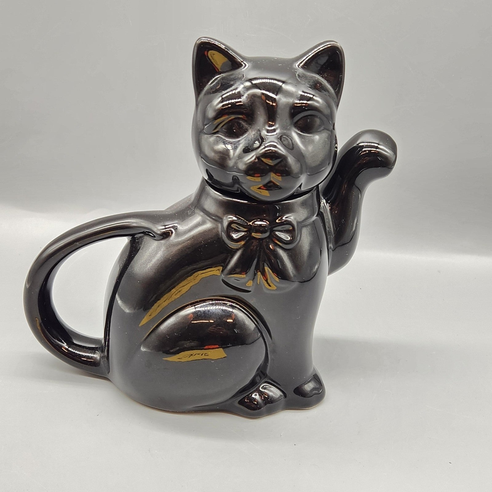 Black Ceramic Cat Teapot Glossy Figural Lid Handle Small Kitchen Decor