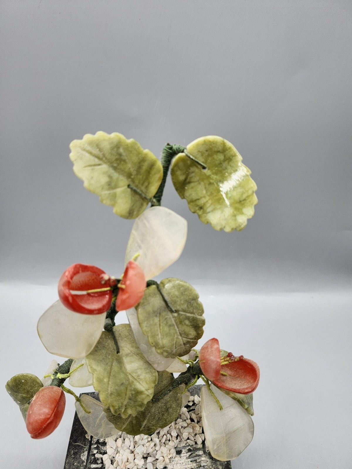 Vintage Gemstone Bonsai Tree Sculpture Small Green Stone Floral Asian Decor