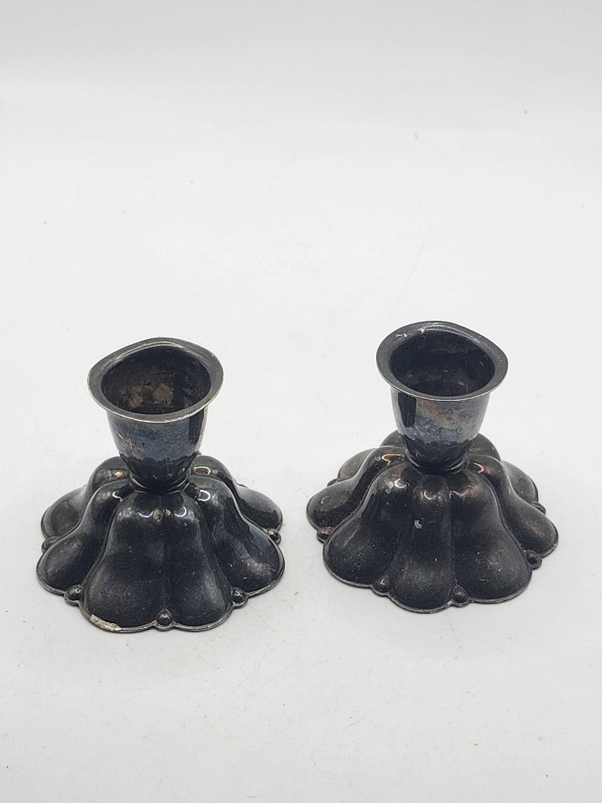 Vintage Unmarked Cobalt Candlestick Holder Pair Silver Plated Metal Victorian