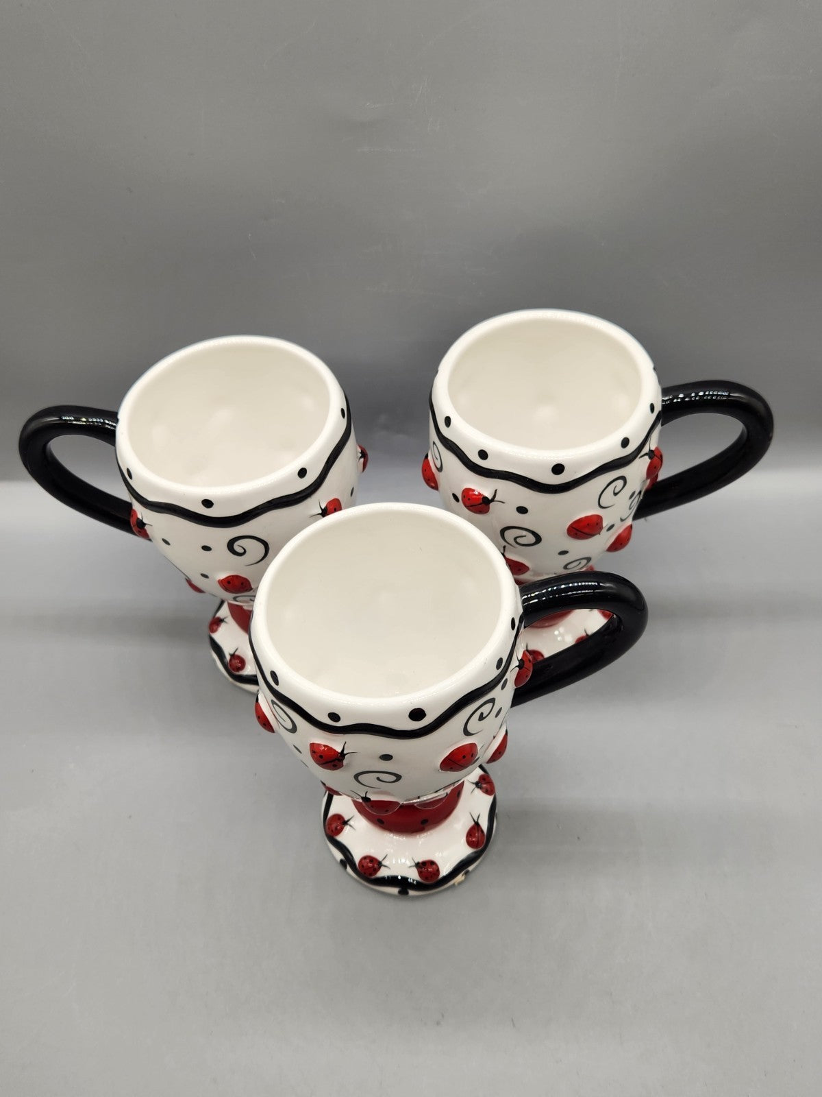 Burton & Burton Ladybug Pedestal Ceramic Coffee Tea Mugs Set of 3 3D Raised...