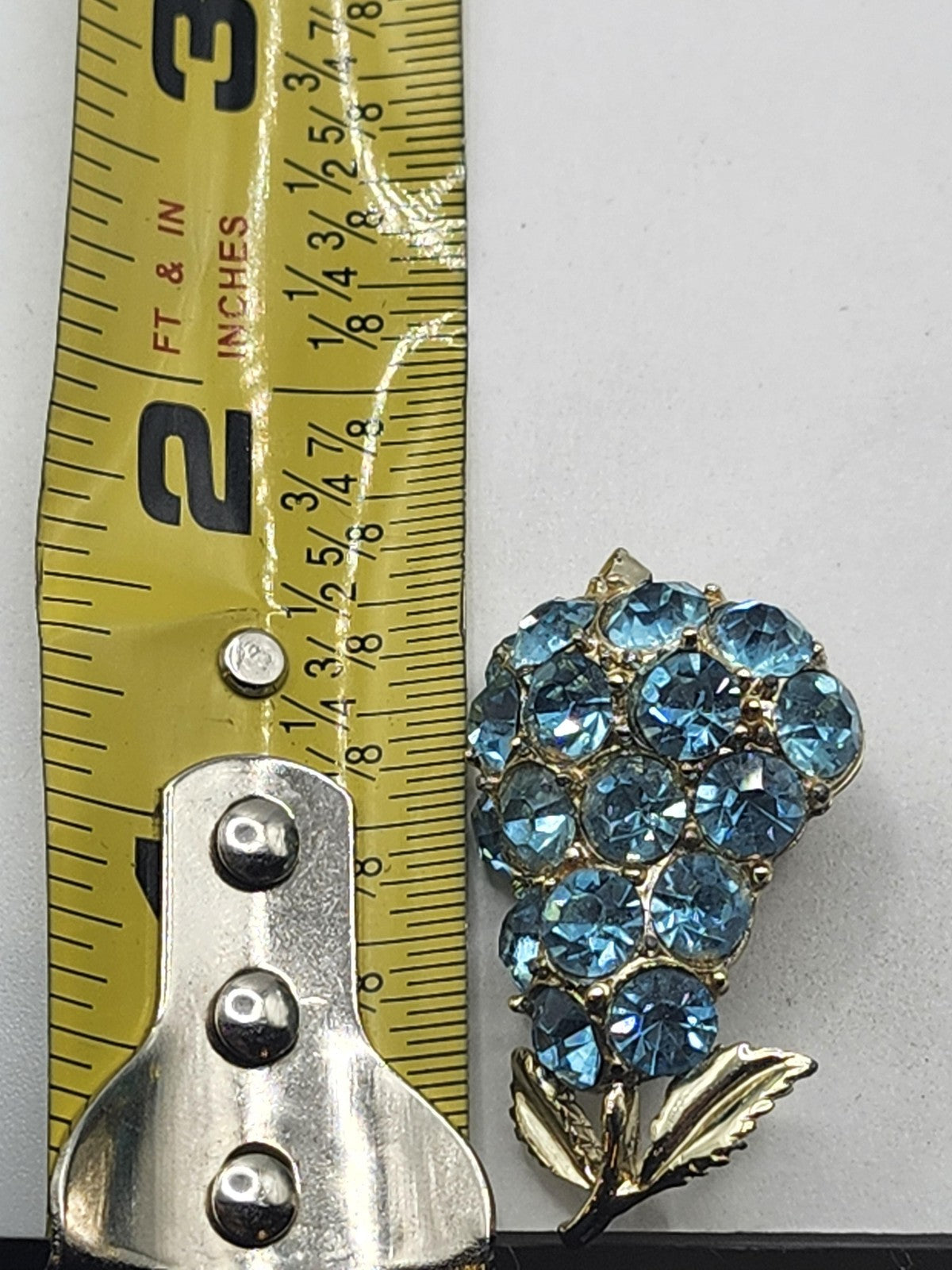 Blue Rhinestone Flower Brooch Pin Gold Tone Leaf Costume Jewelry 1.5 Inch Gift