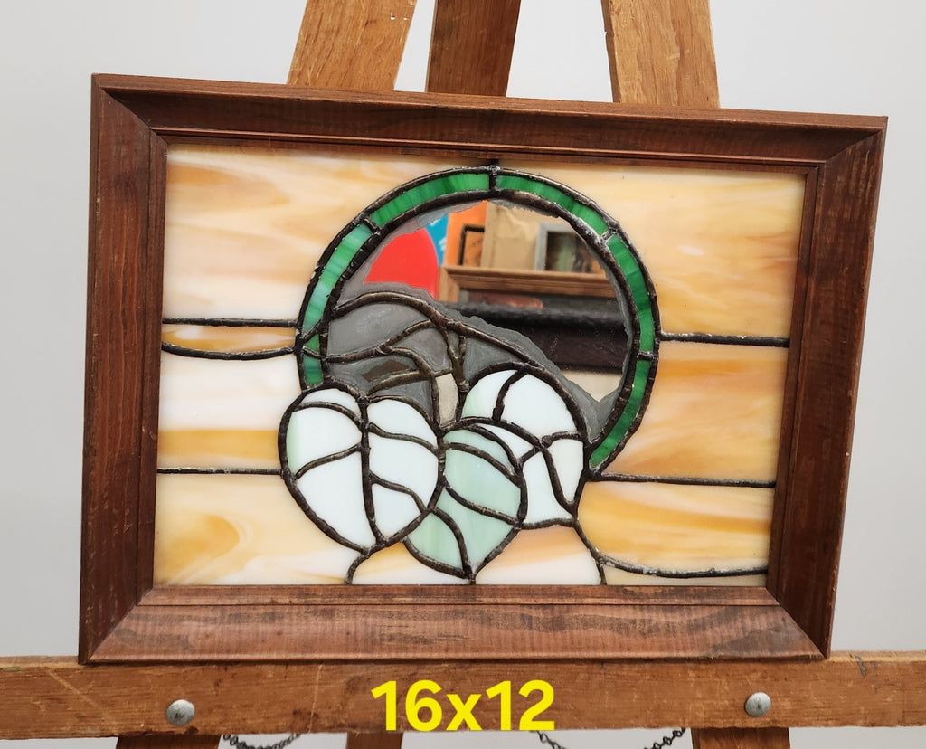Vintage Stained Glass Leaf Panel Mirror Accent Wood Frame 16x12