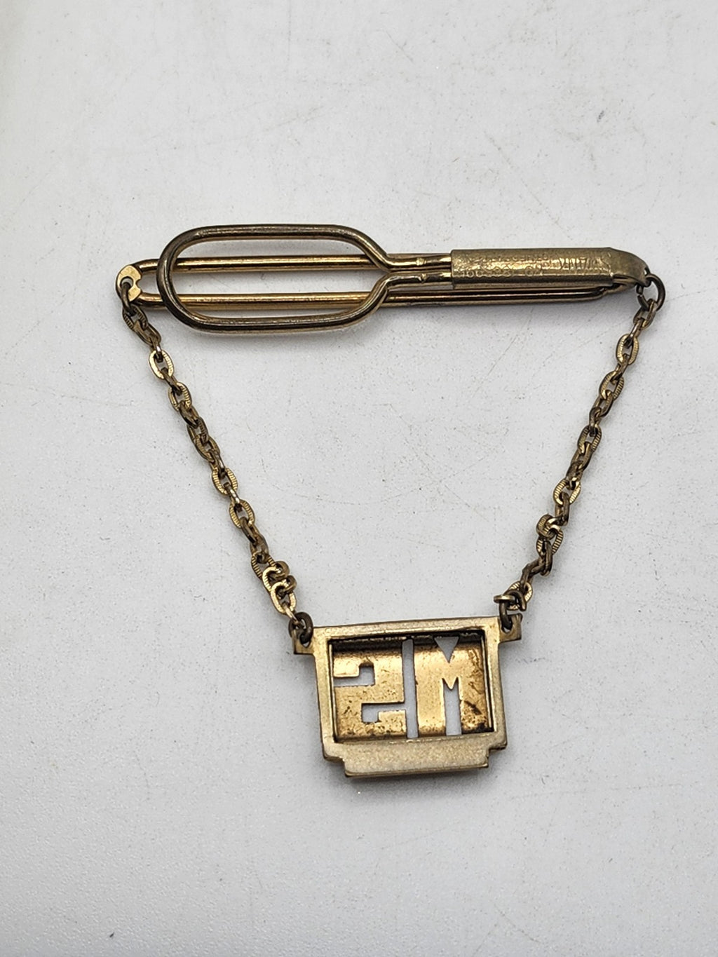 Vintage Swank Tie Clip Gold Tone Men's MS Monogram Chain Guard Bar Jewelry Gift