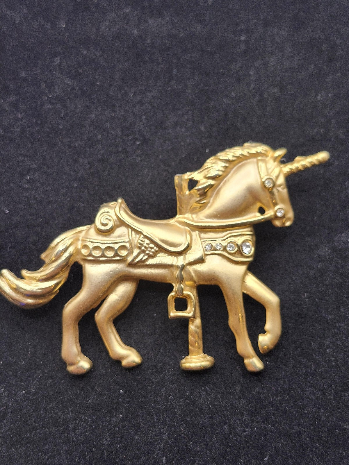 Gold Tone Unicorn Carousel Horse Brooch Pin White Rhinestone Jewelry Cute Gift