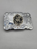 Lady Medallion Belt Buckle Mens Silver Metal Western Rectangular Floral Scroll