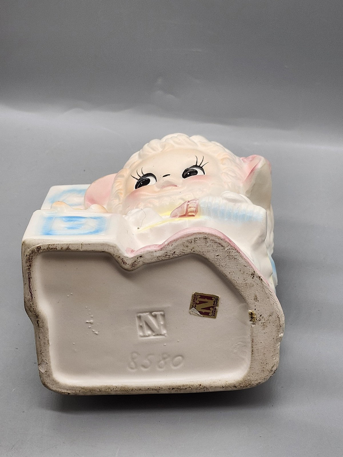 Vintage Napco White Ceramic Lamb Baby Blocks Planter Nursery Decor Japan