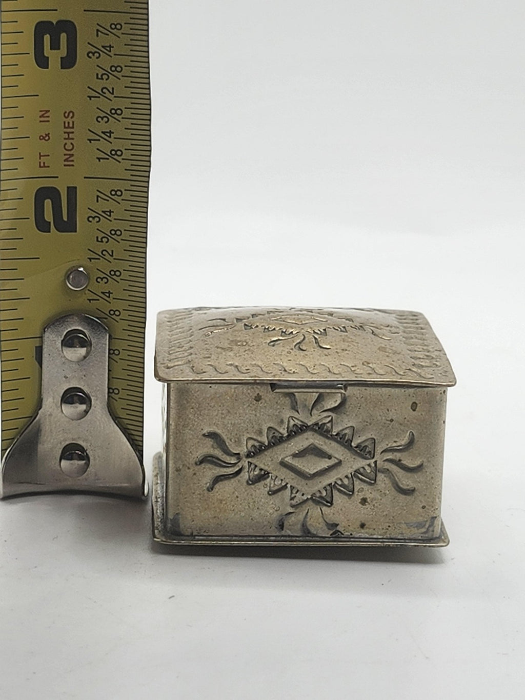 Small Silver Metal Trinket Box Southwestern Geometric Design Hinged Lid Decor