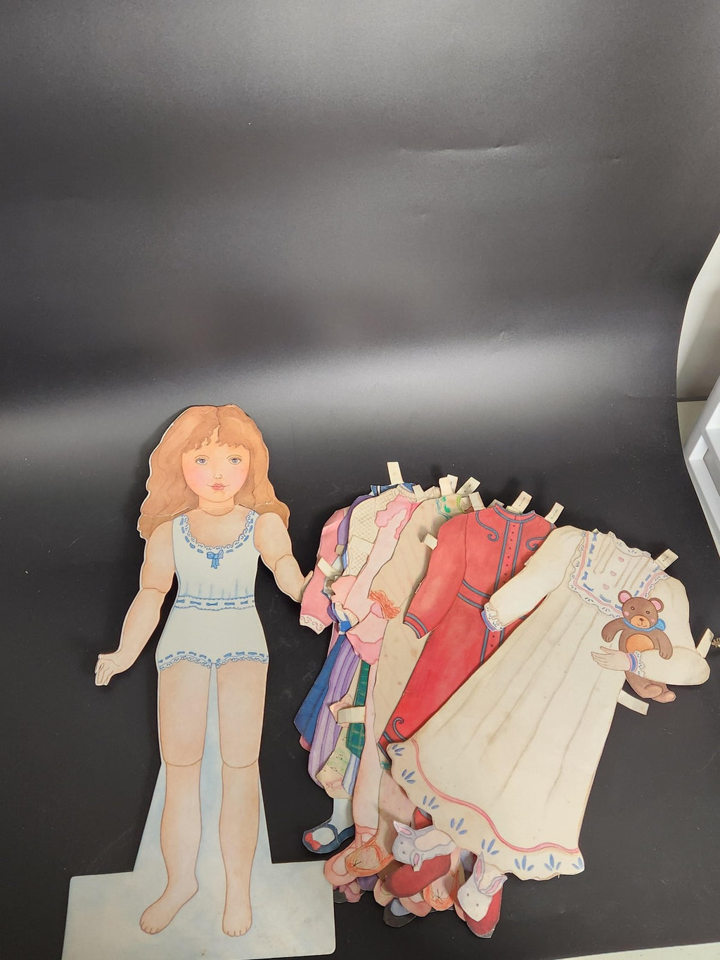 Vintage 1988 LVC Large Girl Paper Doll Stand Clothes Outfits Lot Cardboard
