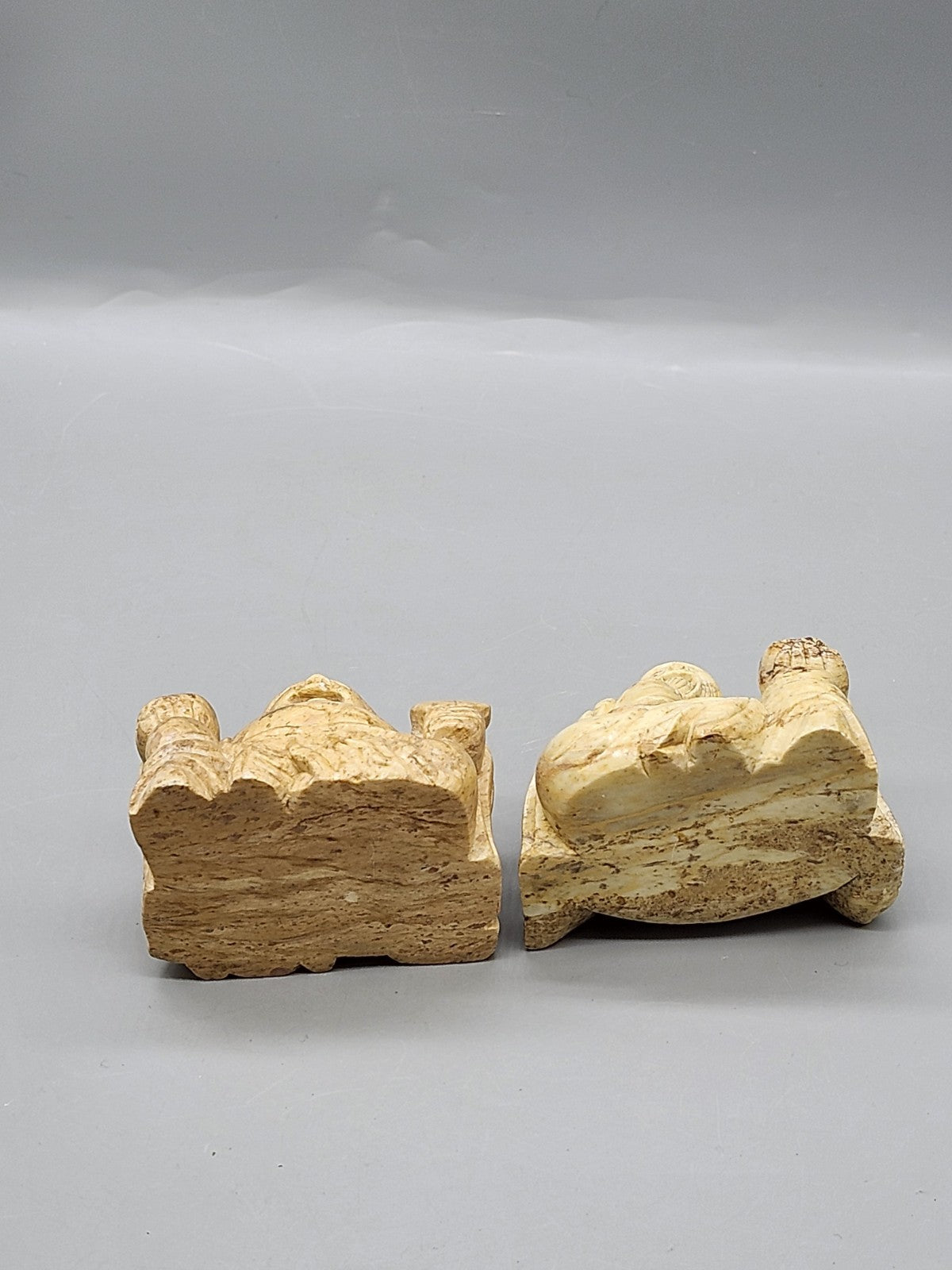 Pair Asian Carved Stone Buddha & Fukurokuju Figurines Vintage 4" Statues