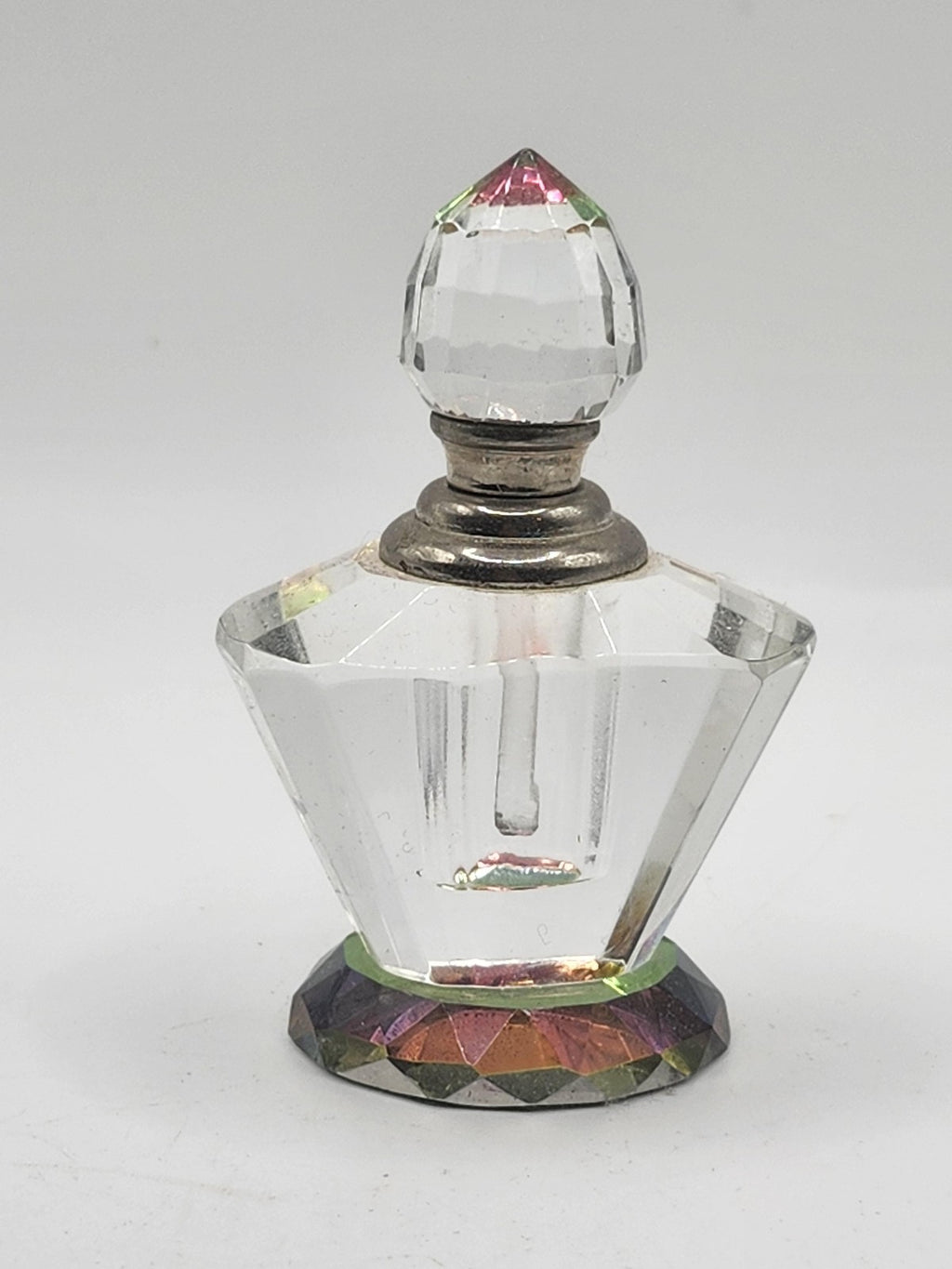 Faceted Glass Perfume Bottle Iridescent Rainbow Base Clear Stopper Decor Vanity