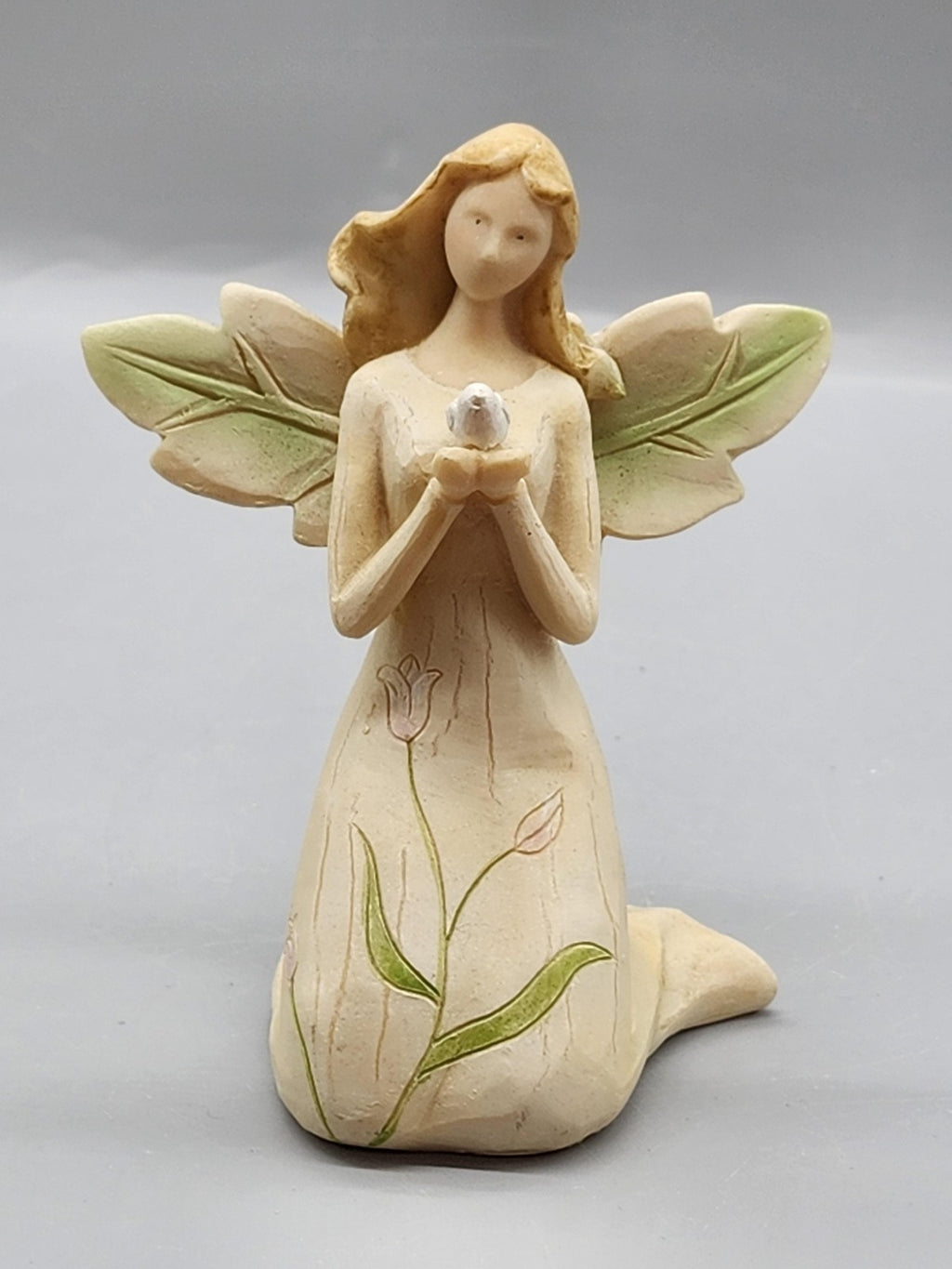 Kneeling Angel Figurine Small Beige Green Bird Floral Resin Rustic Home Decor