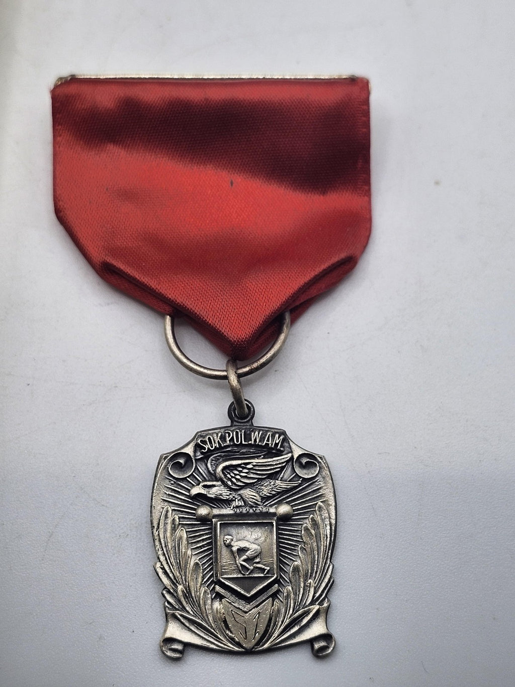 Vintage SOKPOLWAM Sports Award Medal Red Ribbon Runner Eagle Silver Tone Track