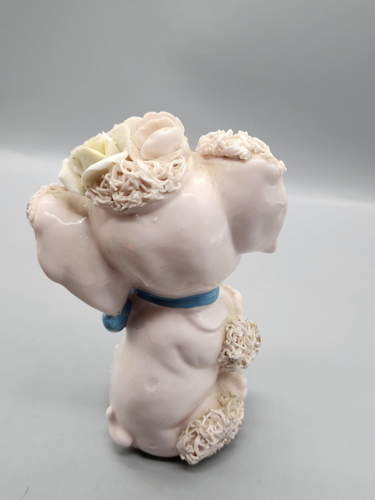 Vintage Pink Porcelain Elephant Figurine Spaghetti Flowers Blue Bow Collectible