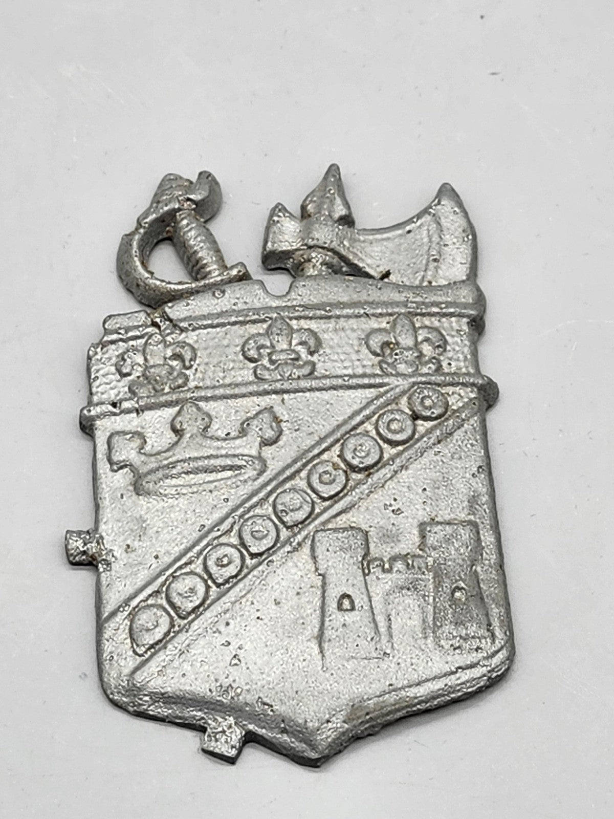 Vintage Heraldic Shield Crest Emblem Silver Tone Metal Castle Anchor Gothic