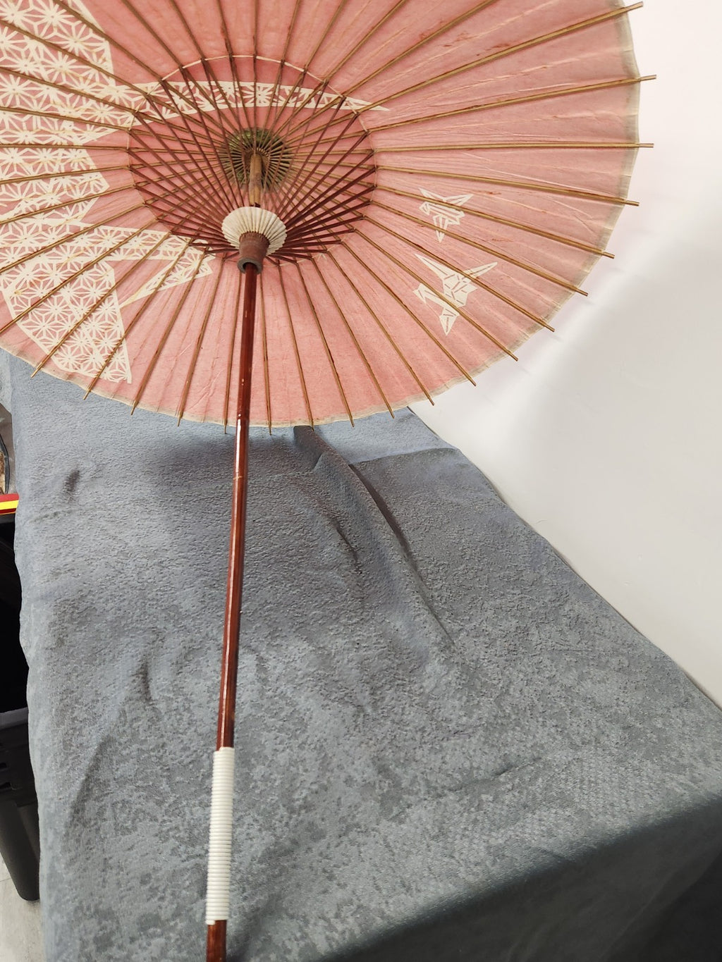 Vintage Japanese Red Paper Parasol Umbrella Origami Crane Bamboo Wagasa 32”
