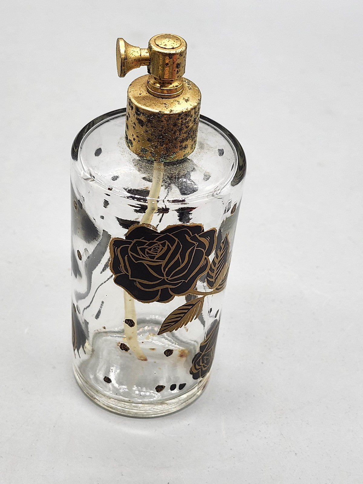 Vintage Unmarked Glass Perfume Atomizer Bottle Black Gold Rose Vanity Decor