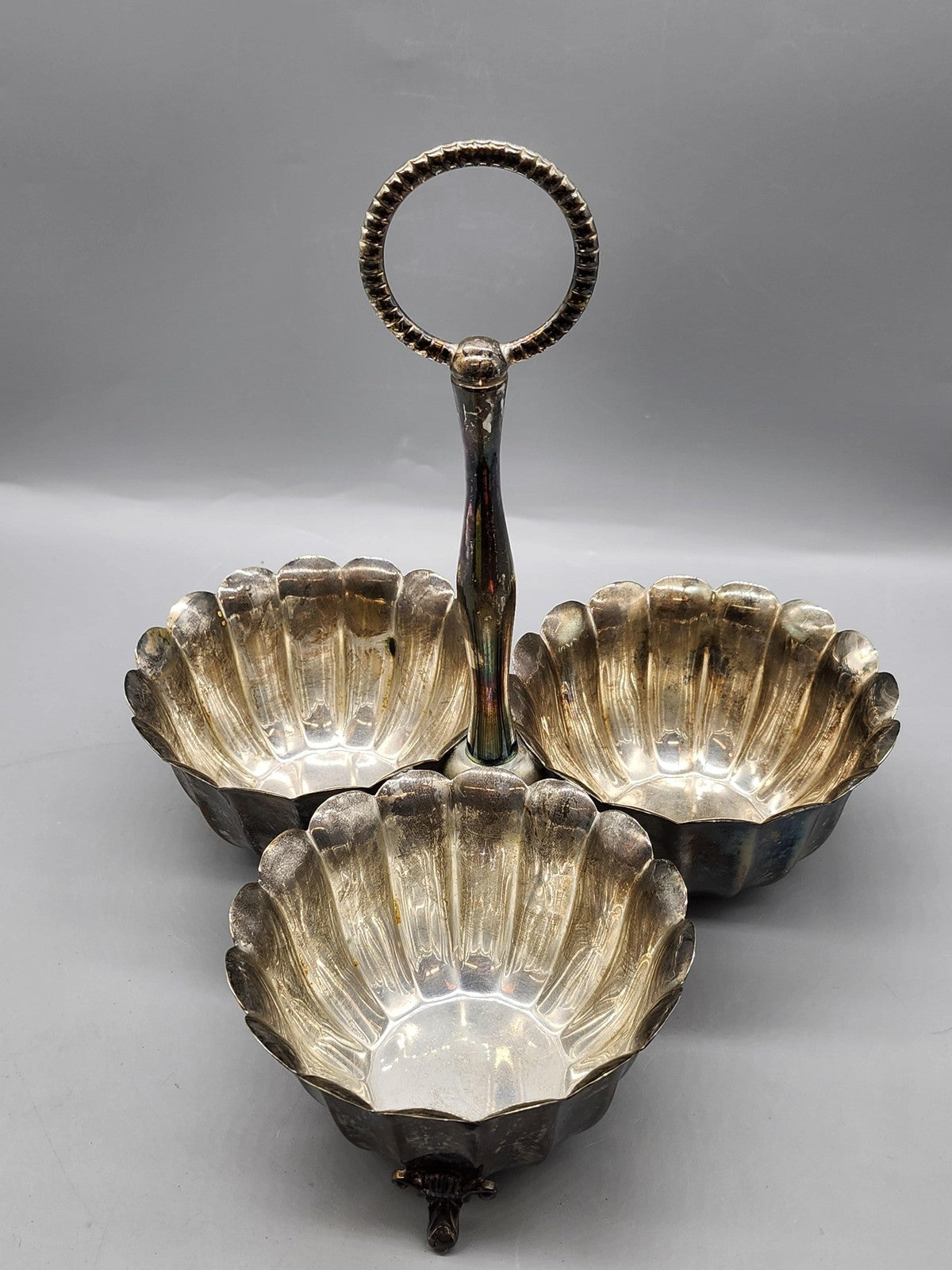 Alberti Triple Dipping Bowl Set Silver Metal Italy Handle Footed Kitchen Table