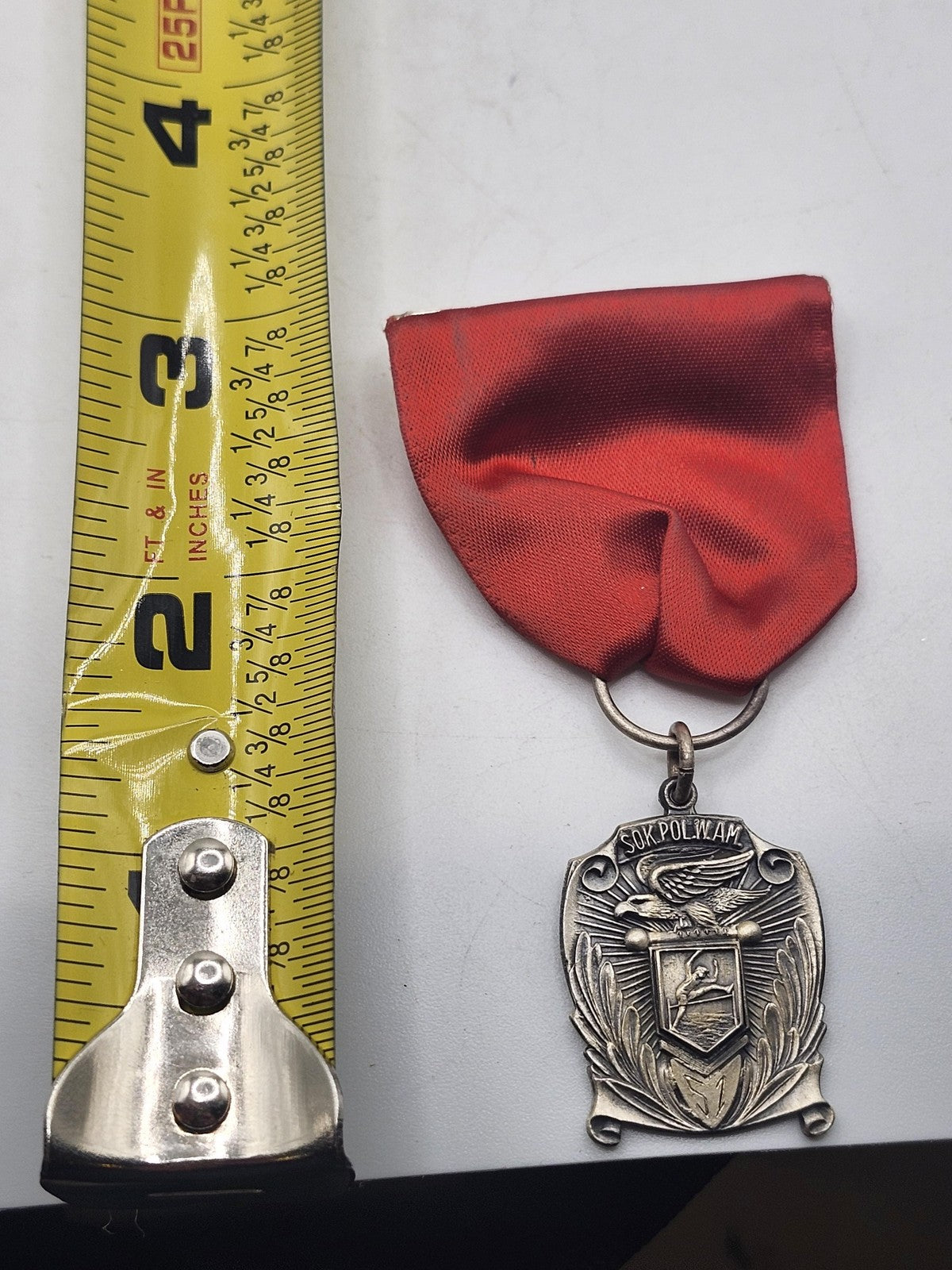 Vintage SOK.POL.W.AM. Eagle Shield Medal Red Ribbon Metal Arts Co USA Award