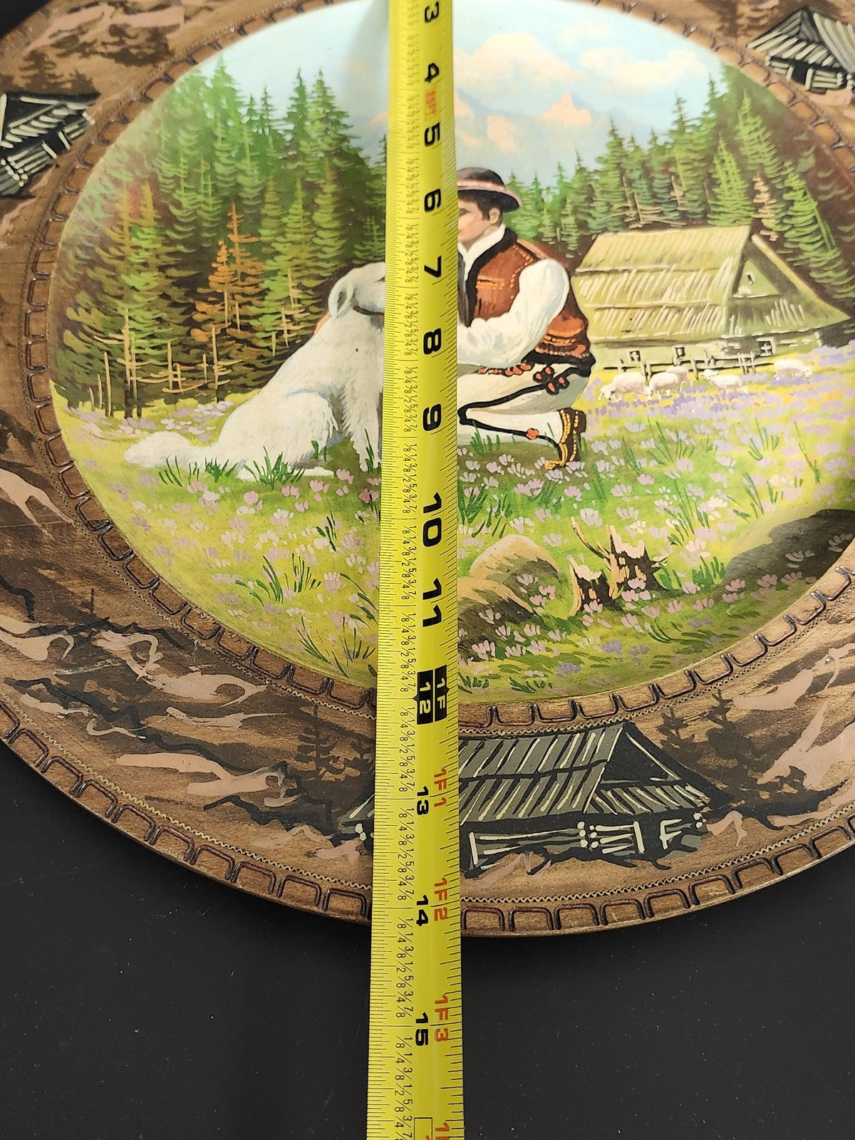 Vintage Shepherd Dog Woodland Collector Plate Large Round Wood Decor Multicolor
