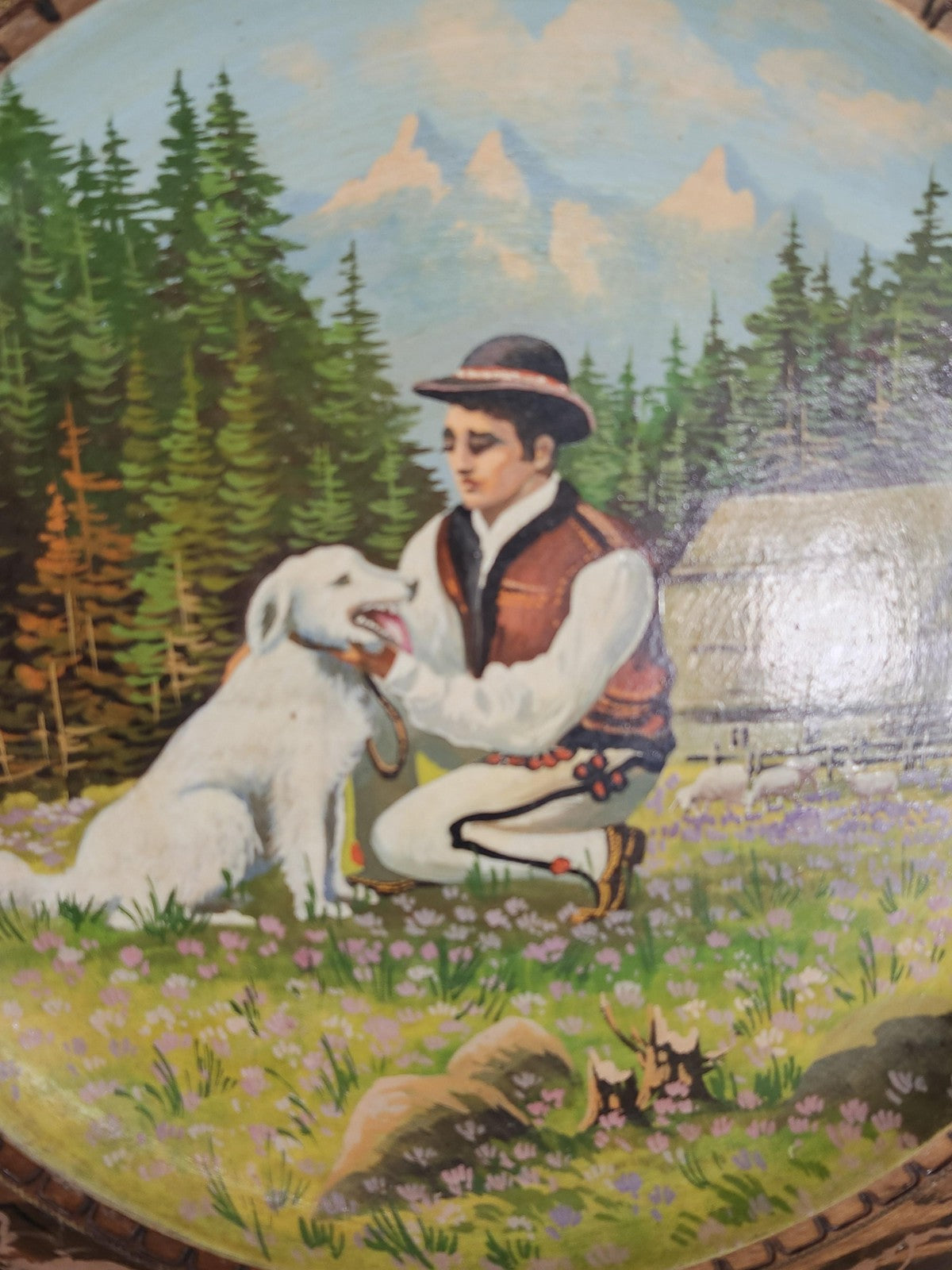 Vintage Shepherd Dog Woodland Collector Plate Large Round Wood Decor Multicolor