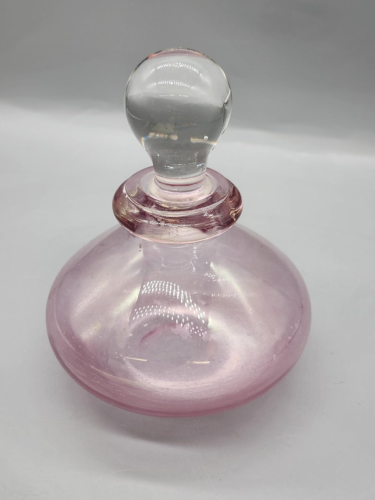 Vintage Pink Iridescent Glass Perfume Bottle Clear Ball Stopper Vanity Decor