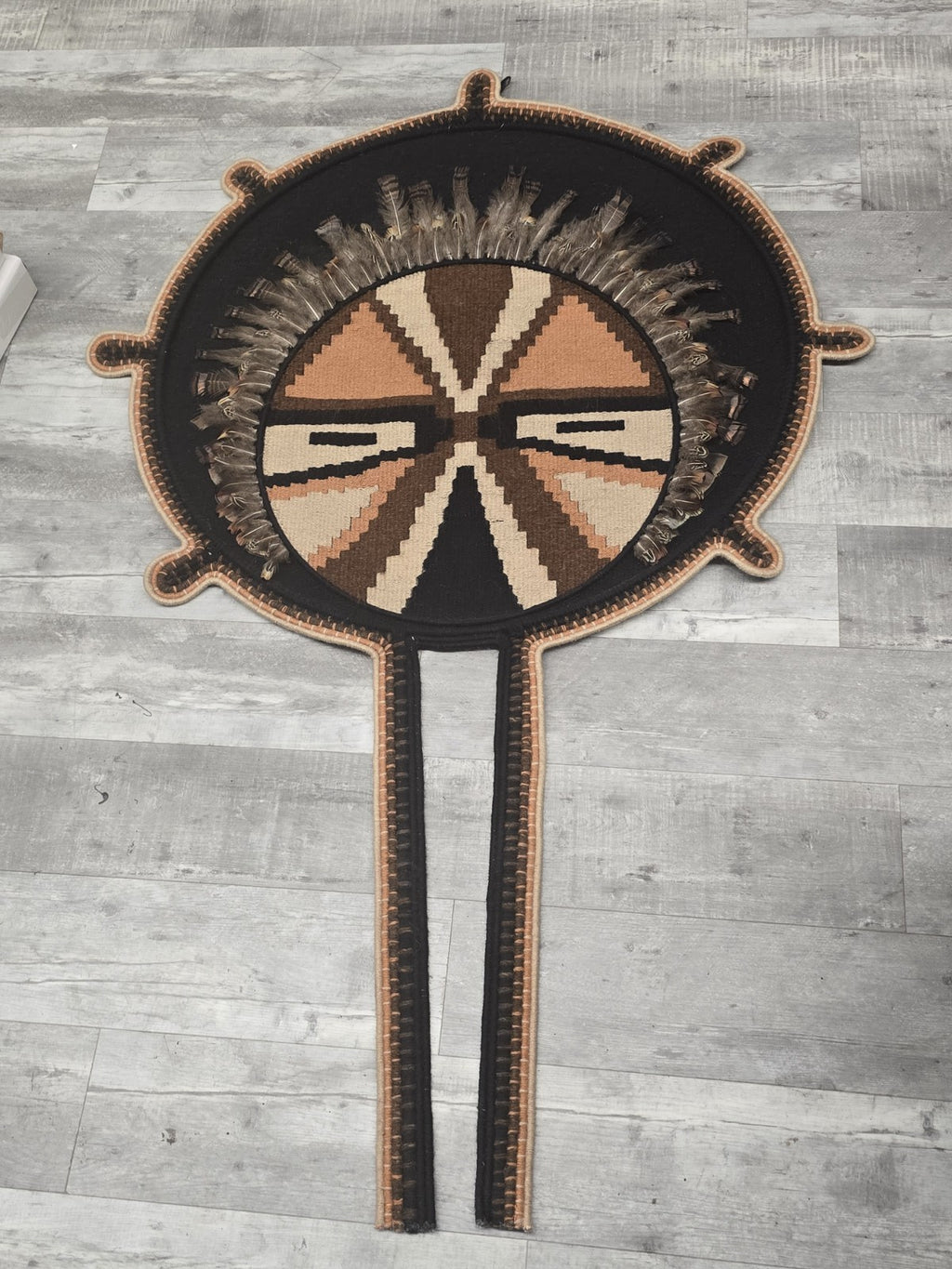 Large Handmade Southwestern Wool Wall Hanging Native Style Feather Textile 68”