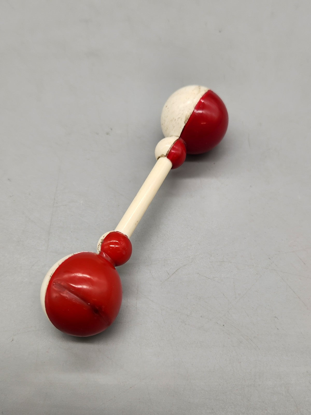 Vintage Wooden Baby Rattle Red White Double Ball Toy Nursery Folk Primitive